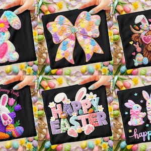 以下が含まれることがあります： イースターをテーマにしたカラフルなデザインの黒いTシャツ。花を持つウサギ、リボン、ウサギの耳を持つハイランド牛が描かれています。その他のデザインには、ウサギのバスケット、「Happy Easter」の文字、3匹のウサギなどがあります。