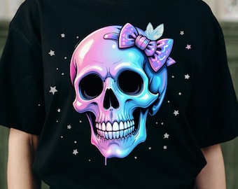 Halloween Neon Coquette Skull Bow PNG, Spooky Season Shirt Graphic, Retro Gothic Skull Sublimation Design (Digital Downlord)