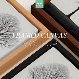 Ingelijst canvasmodel close-up | Zwarte, natuurlijke en donkere houten zwevende lijsten, realistische katoentextuur (PSD)