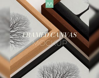 Framed Canvas Mockup Close Up | Black Natural & Dark Wood Floating Frames, Realistic Cotton Texture (PSD)
