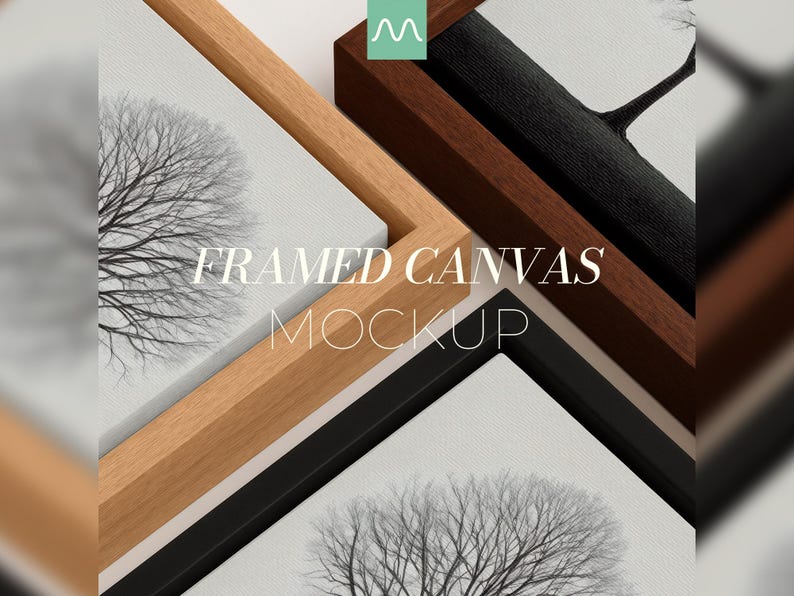May include: Three framed canvas mockups featuring black and white tree illustrations. The frames are finished in light wood, dark wood, and black. The text "FRAMED CANVAS MOCKUP" is centered in white, with a small green logo icon at the top center.