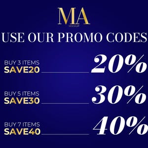 May include: A navy blue graphic with gold text and white numbers. The text reads "MA MOCKUP USE OUR PROMO CODES." Offers are listed: Buy 3 items, save 20%; Buy 5 items, save 30%; Buy 7 items, save 40%.