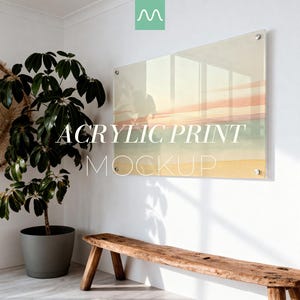Acryl Print Mockup | Horizontaler Acrylrahmen, dekorative Abstandshalter, realistischer glänzender Effekt, Landschafts-Plexi-Panel-Anzeige, PSD