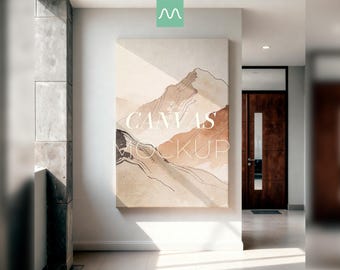 Maqueta de lienzo vertical / Exhibición de obras de arte grandes de 2x3, vista frontal recta, textura realista, interior minimalista, PSD