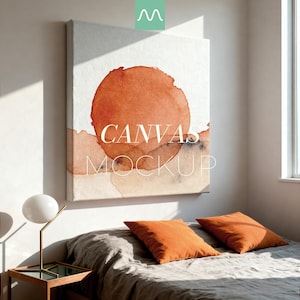 Mockup su tela 1:1 / Quadro quadrato da parete, bordi rifiniti, arredamento moderno per camera da letto, oggetto avanzato PSD