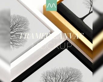 May include: Three framed canvas wall art pieces featuring black and white tree illustrations. The frames are finished in white, gold, and black. The text "FRAMED CANVAS MOCKUP" is overlaid in white across the center of the image.