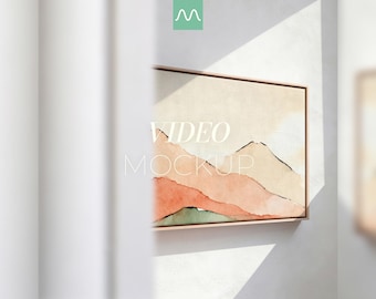 Maqueta de vídeo de lienzo enmarcado / Marco flotante horizontal de madera fina, plantilla PSD de arte mural de paisaje animado