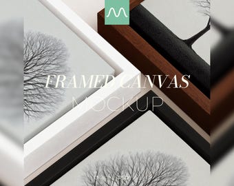 Framed Canvas Mockup Close Up Wood Dark White and Black Frame Realistic Texture 1:1 Ratio Minimal Interior High Quality PSD Wall Art Artwork
