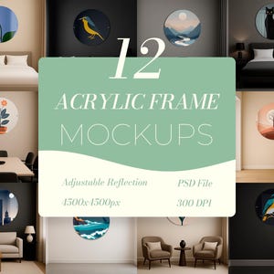 Puede incluir: Imagen promocional de 12 maquetas de marcos acrílicos, que muestran diversos diseños, incluyendo ilustraciones florales, de paisajes y animales. La imagen incluye el texto "12 Acrylic Frame Mockups" con detalles sobre reflexión ajustable, archivo PSD, 1500x1500px y 300 DPI.