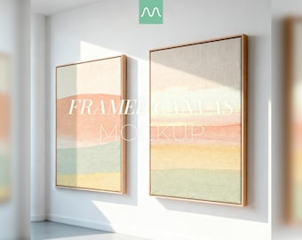 Maqueta de 2 lienzos enmarcados / Conjunto de dos marcos flotantes, interior minimalista, arte mural con textura realista (PSD)