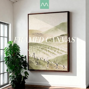May include: A rectangular framed canvas featuring a watercolor-style landscape painting of a vineyard with rolling green hills under a soft sky. The artwork is displayed on a white wall, with the text FRAMED CANVAS MOCKUP overlaid in white.