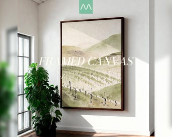 Maqueta de lienzo enmarcado / Obra de arte vertical con proporción 3x4, marco flotante de madera oscura, escena Japandi moderna, textura realista, plantilla PSD para arte de pared