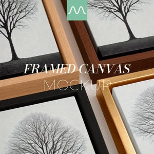 May include: Framed canvas mockups with various frame colors: natural wood, dark brown, black, and gold. Each canvas displays a black and white tree illustration. The text "FRAMED CANVAS MOCKUP" is visible.
