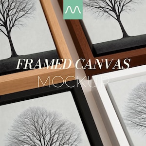 May include: Framed canvas mockups with a black and white tree illustration. The frames are in natural wood, dark brown, black, and white. The image includes the text "FRAMED CANVAS MOCKUP".