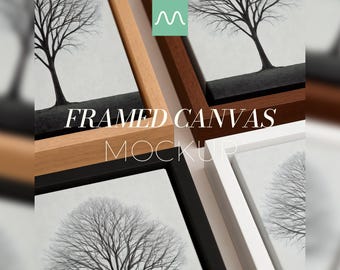Maqueta de lienzo enmarcado de cerca / Madera natural, marcos flotantes en blanco y negro, relación de aspecto 1:1, textura realista, plantilla minimalista, PSD