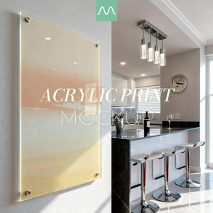 May include: A rectangular acrylic print mounted on a wall with four silver standoffs. The print features a soft, abstract gradient of pale peach, cream, and yellow tones. The text ACRYLIC PRINT MOCKUP is overlaid in white across the center of the image.