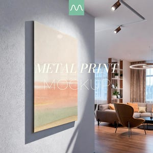 May include: A rectangular metal print featuring a soft, abstract gradient of cream, peach, and sage green colors. The print is mounted on a textured white wall and displays the white text METAL PRINT MOCKUP centered across the surface.