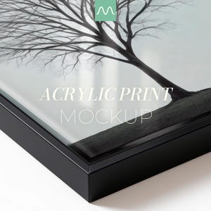 Acrylic Print Mockup | Black Floating Frame Close-up, Floater Mounted Plexiglass, Realistic Glossy Surface, Framed Wall Art Display (PSD)