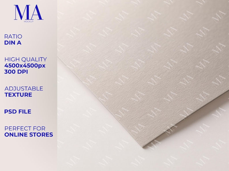 May include: A light beige textured surface with the text "MA MOCKUP" and other text including "RATIO DIN A", "HIGH QUALITY 4500x4500px 300 DPI", "ADJUSTABLE TEXTURE", "PSD FILE", and "PERFECT FOR ONLINE STORES".