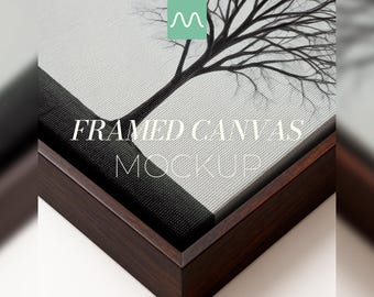 Maqueta de lienzo enmarcado (primer plano) / Marco flotante de madera oscura, textura realista, relación de aspecto 1:1, minimalista, fondo blanco, plantilla de arte mural PSD