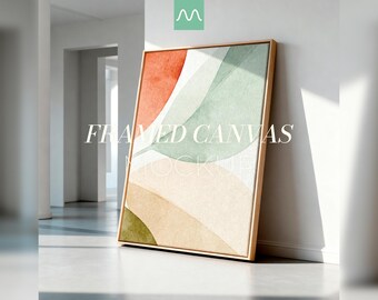 Maqueta de lienzo enmarcado / Marco flotante 5:7 apoyado en la pared, diseño minimalista, plantilla PSD