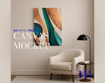 May include: A rectangular canvas mockup featuring an abstract painting with flowing lines in shades of teal, deep green, copper, and white. The text 3:4 RATIO PSD FILE CANVAS MOCKUP is overlaid on the left side. A cream armchair and a small side table with a lamp are positioned below the artwork.