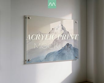 Maqueta de impresión acrílica / Panel horizontal de plexiglás de 3x2, expositor de arte de pared flotante (PSD)