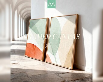 Maqueta de dos lienzos / Conjunto de 2 lienzos enmarcados, marco flotante de madera natural, plantilla para arte de pared doble (PSD)