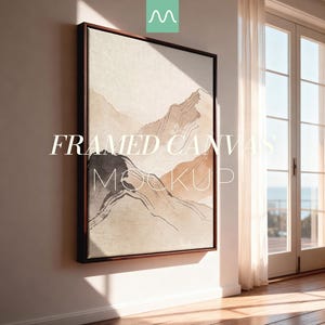 Mockup di tela incorniciata / Cornice flottante in legno scuro, cornice sottile color espresso, interni minimalisti, esposizione di opere d'arte da parete 5x7, oggetto avanzato PSD