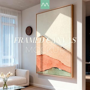 May include: A large vertical framed canvas featuring an abstract landscape painting with layered horizontal bands of cream, peach, and sage green colors. The artwork is displayed in a light wood frame with the text FRAMED CANVAS MOCKUP overlaid.
