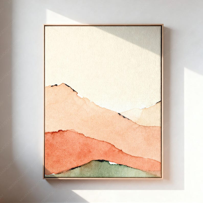 May include: A vertical rectangular wall art piece featuring an abstract landscape painting with layered hills in shades of peach, coral, and muted green against a cream-colored sky, all enclosed within a thin, light-toned wooden frame.