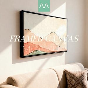 Maqueta de lienzo con marco flotante (relación 3:2), marco negro, arte de pared sobre el sofá, textura realista, escena minimalista, plantilla para Photoshop