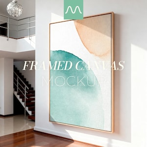 Mockup di tela incorniciata / Cornice flottante verticale 2:3, tela sottile in legno, interni moderni, PSD