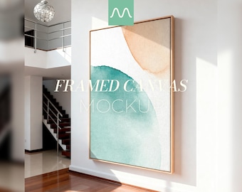 Mockup de tela emoldurada | Moldura flutuante vertical 2:3, tela flutuante de madeira fina, interior moderno, PSD