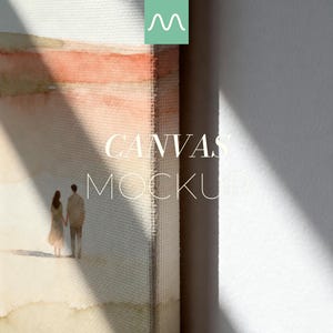 May include: Canvas mockup featuring a watercolor painting of a couple holding hands. The canvas has a textured surface with a light orange and beige color scheme. The words "CANVAS MOCKUP" are printed on the canvas.