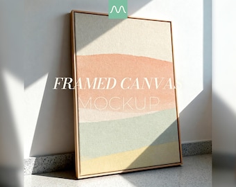 Maqueta de lienzo vertical / Lienzo enmarcado DIN A, marco flotante de madera fina, gran expositor de arte mural (PSD)