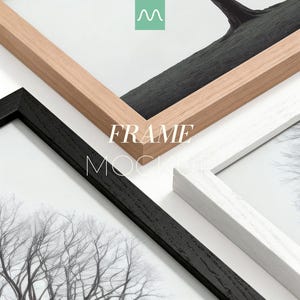 May include: Three rectangular picture frames arranged in a stack, featuring a light wood grain frame, a solid black frame, and a solid white frame. The text FRAME MOCKUP is centered in the middle of the image, with a small green logo above it.