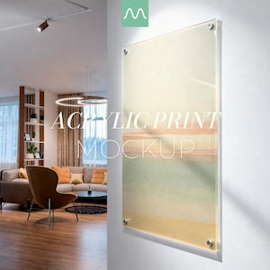 Acrylic Print Mockup | Vertical Glossy Panel, Decorative Standoffs, Modern Decor, Acrylic Wall Art Display (PSD)