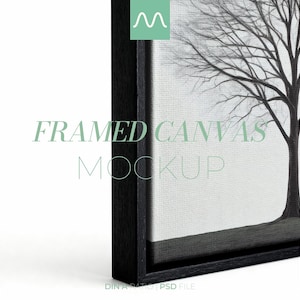 May include: A black framed canvas featuring a black and white illustration of a leafless tree. The text "FRAMED CANVAS MOCKUP" is overlaid in green and white. A small green square with a white "M" logo is positioned at the top centre.