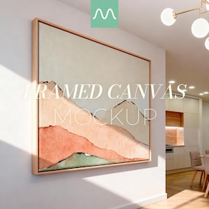 May include: A framed canvas mockup with a watercolour landscape painting in peach, green, and beige. The artwork is displayed in a light wood frame, mounted on a white wall. The text "FRAMED CANVAS MOCKUP" is overlaid on the image.