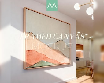 Floating Canvas Mockup | Realistic Textured, Horizontal Framed Canvas, Wall Art Display, Minimal & Modern (PSD)