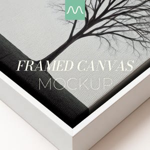 Primo piano di mockup di tela incorniciata / Cornice bianca fluttuante, rapporto 1:1, texture realistica, sfondo bianco, modello di arte murale, Photoshop PSD