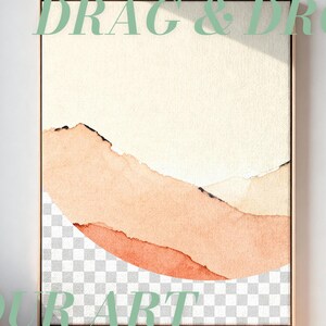 May include: A rectangular framed wall art mockup featuring a light beige background with layered, abstract watercolor-style shapes in shades of peach and terracotta. The lower portion displays a transparent checkerboard pattern for image placement.