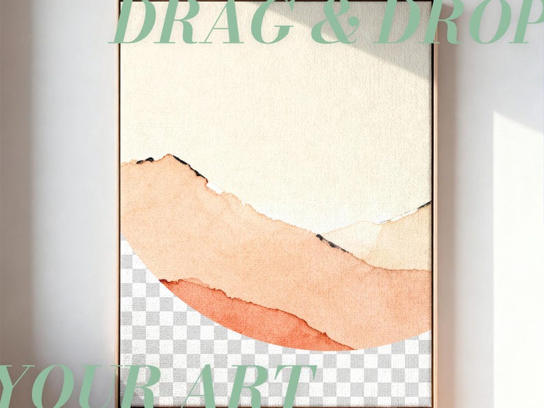May include: A rectangular framed wall art mockup featuring a light beige background with layered, abstract watercolor-style shapes in shades of peach and terracotta. The lower portion displays a transparent checkerboard pattern for image placement.