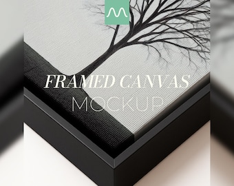 Framed Canvas Mockup | Closeup, Black Floating Frame, Realistic Textured, 1:1 Ratio, PSD
