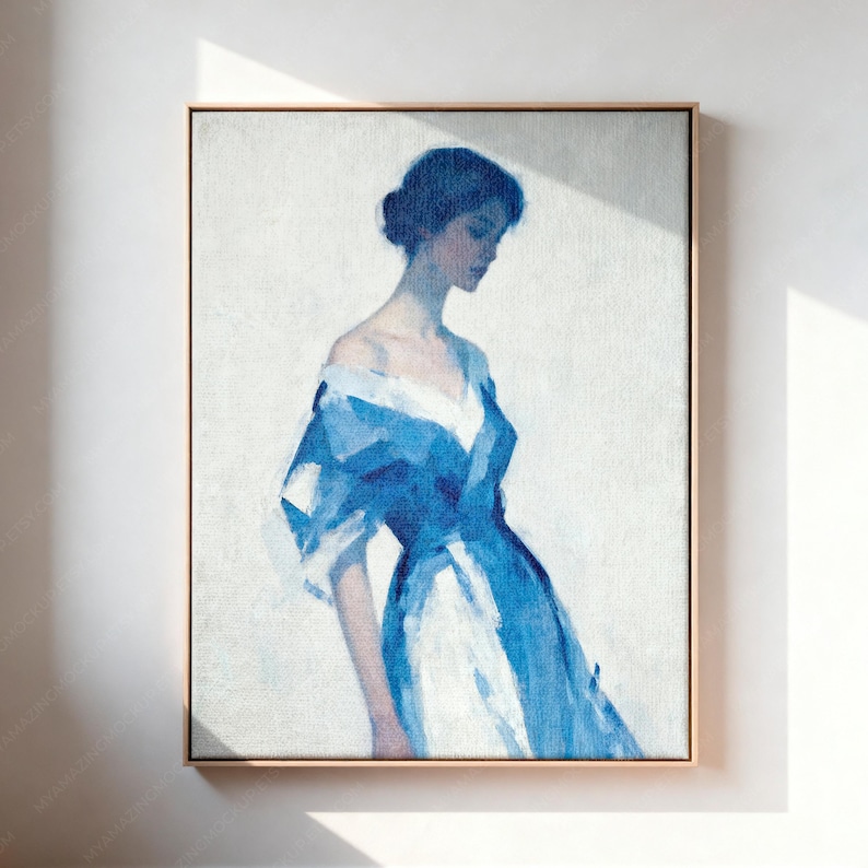 May include: A framed canvas painting depicting a person with dark hair in a side profile view. The figure wears a flowing, off-the-shoulder garment rendered in bold, expressive brushstrokes of deep blue and white against a light gray background.