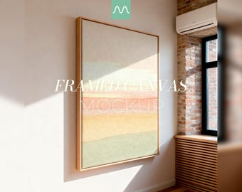 Maqueta de lienzo enmarcado / Marco flotante vertical con textura realista, ideal para exhibir arte en la pared, plantilla PSD minimalista y moderna.