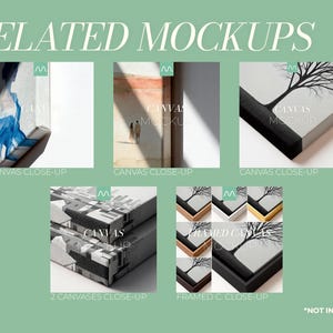 Puede incluir: Una colecci&oacute;n de maquetas de lienzos con diversos estampados art&iacute;sticos, incluyendo formas azules abstractas, un paisaje con figuras y la silueta de un &aacute;rbol negro. La muestra incluye vistas de cerca de los bordes, lienzos apilados y opciones enmarcadas.