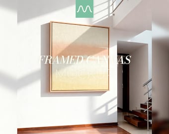 Maquete de tela quadrada | Moldura flutuante de madeira 1x1, cena de interior minimalista e moderna, textura realista (PSD)