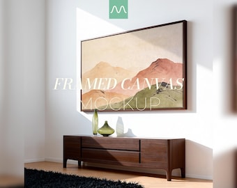 Maqueta de lienzo enmarcado / Marco flotante de madera oscura, escena minimalista en ángulo, plantilla de arte mural horizontal de 3x2 (PSD)